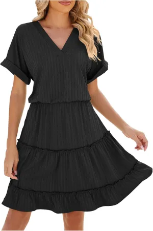 Womens Summer T Shirts Dresses Casual Roll Up Short Sleeve Trendy Textured Flowy Ruffle Tiered A Line Swing Mini Dress