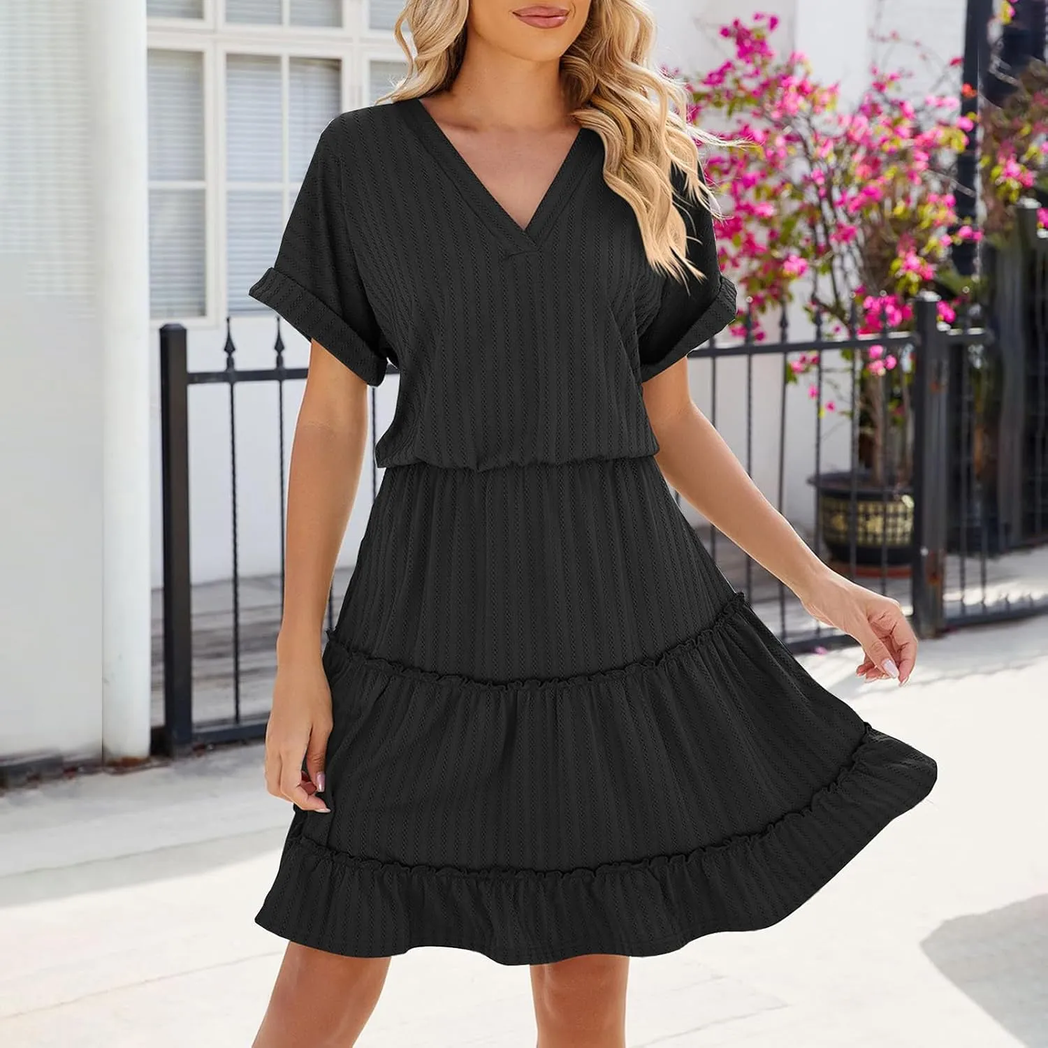 Womens Summer T Shirts Dresses Casual Roll Up Short Sleeve Trendy Textured Flowy Ruffle Tiered A Line Swing Mini Dress