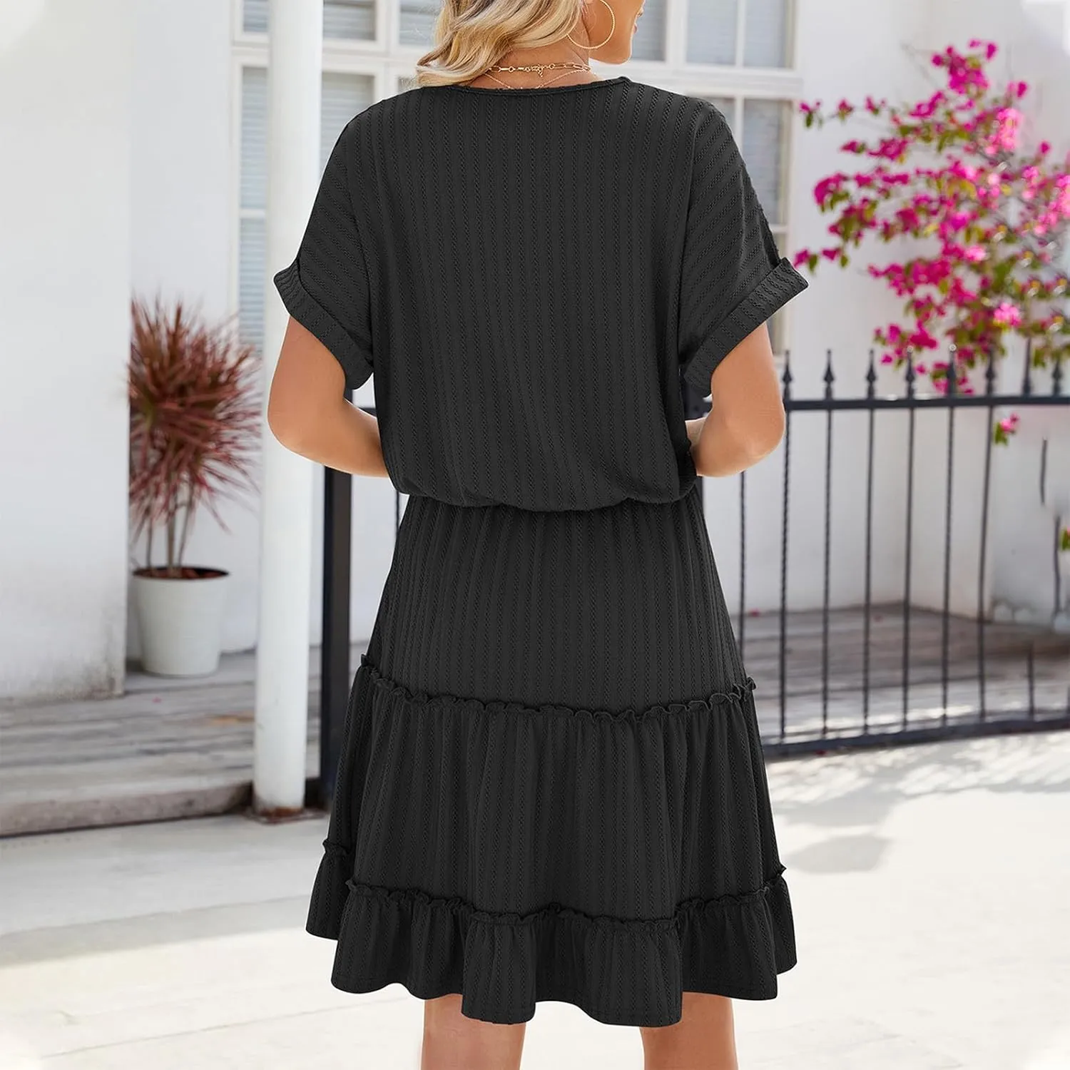 Womens Summer T Shirts Dresses Casual Roll Up Short Sleeve Trendy Textured Flowy Ruffle Tiered A Line Swing Mini Dress