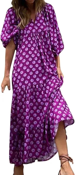Womens Sundress Pleated Ruffle Maxi Dresses Pretty Garden Dresses for Women Long Puff Sleeve Skirt Vacation Summer 2025