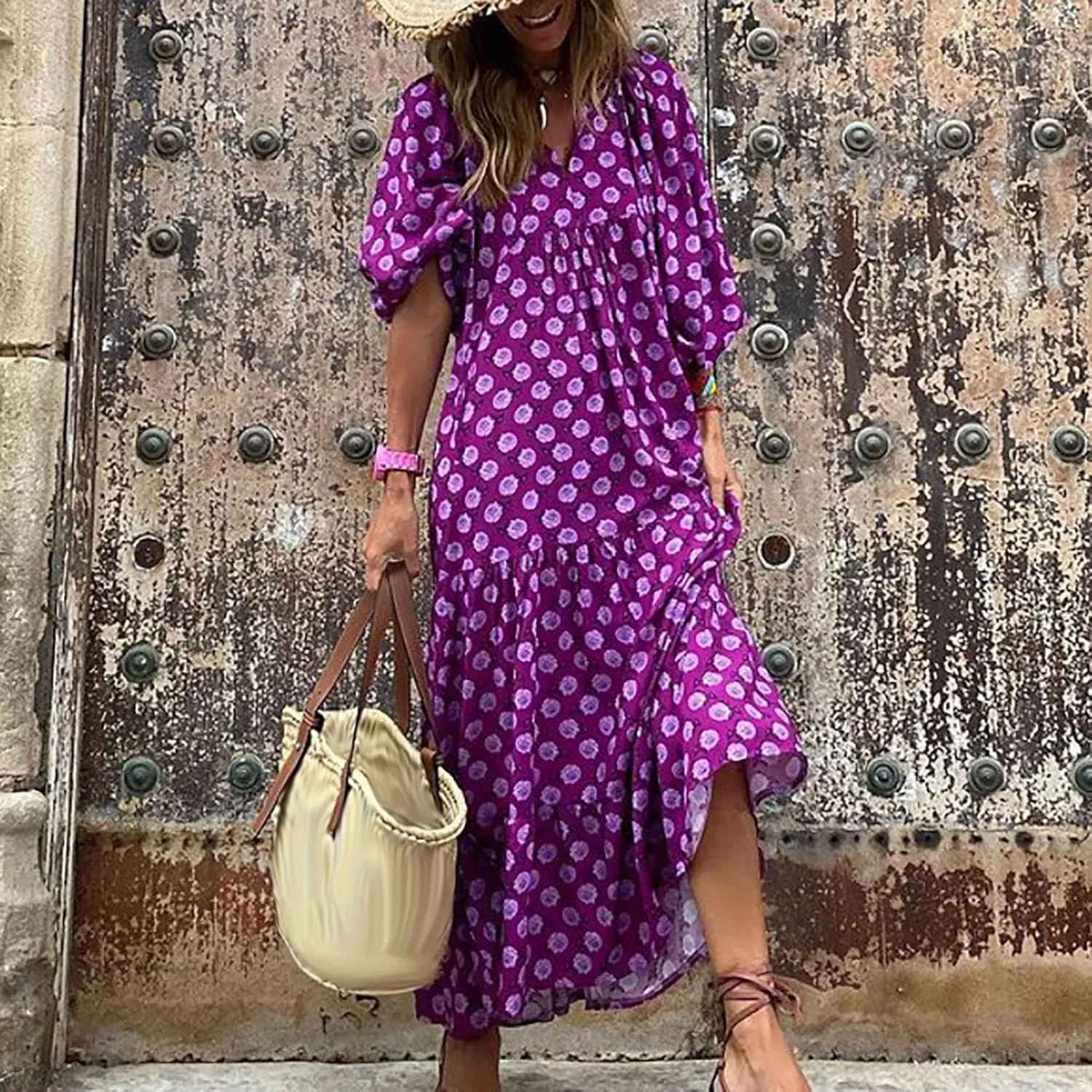 Womens Sundress Pleated Ruffle Maxi Dresses Pretty Garden Dresses for Women Long Puff Sleeve Skirt Vacation Summer 2025