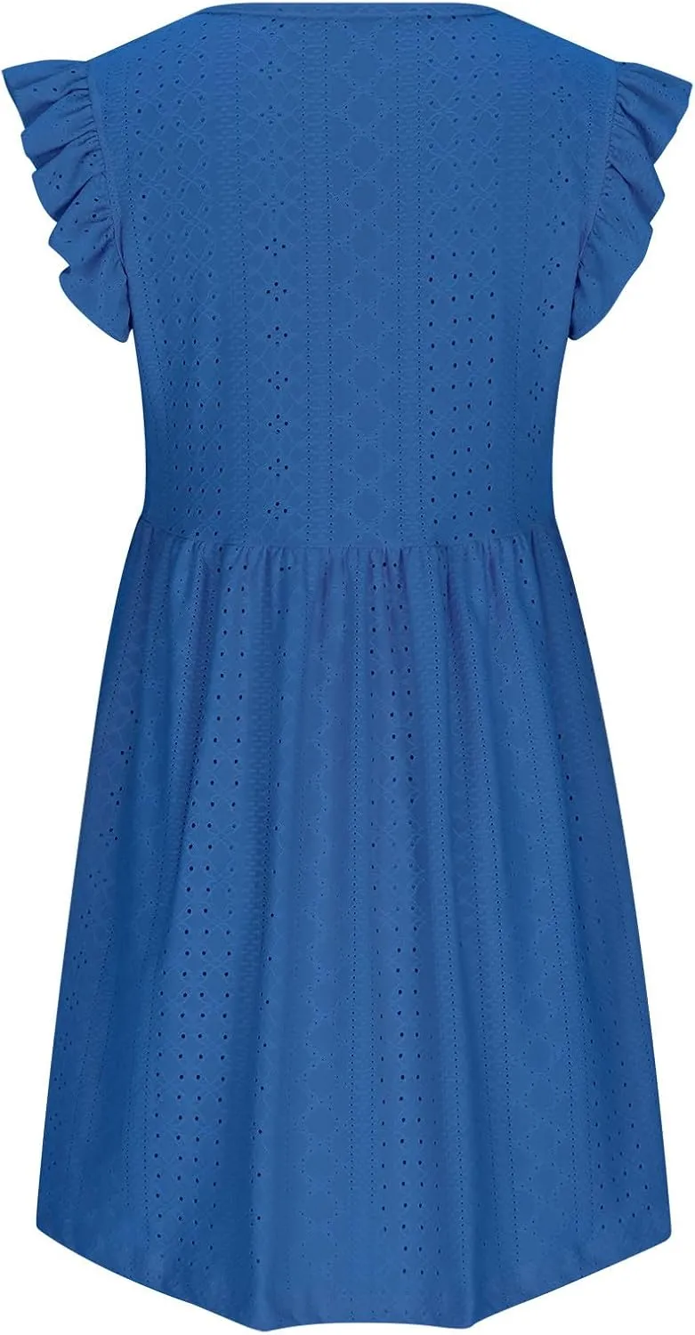 Womens Sundresses for Beach Vacation Plus Ruffle Sleeve Cut-Out Embroidery Eyelet Lace Dress Mini Dress