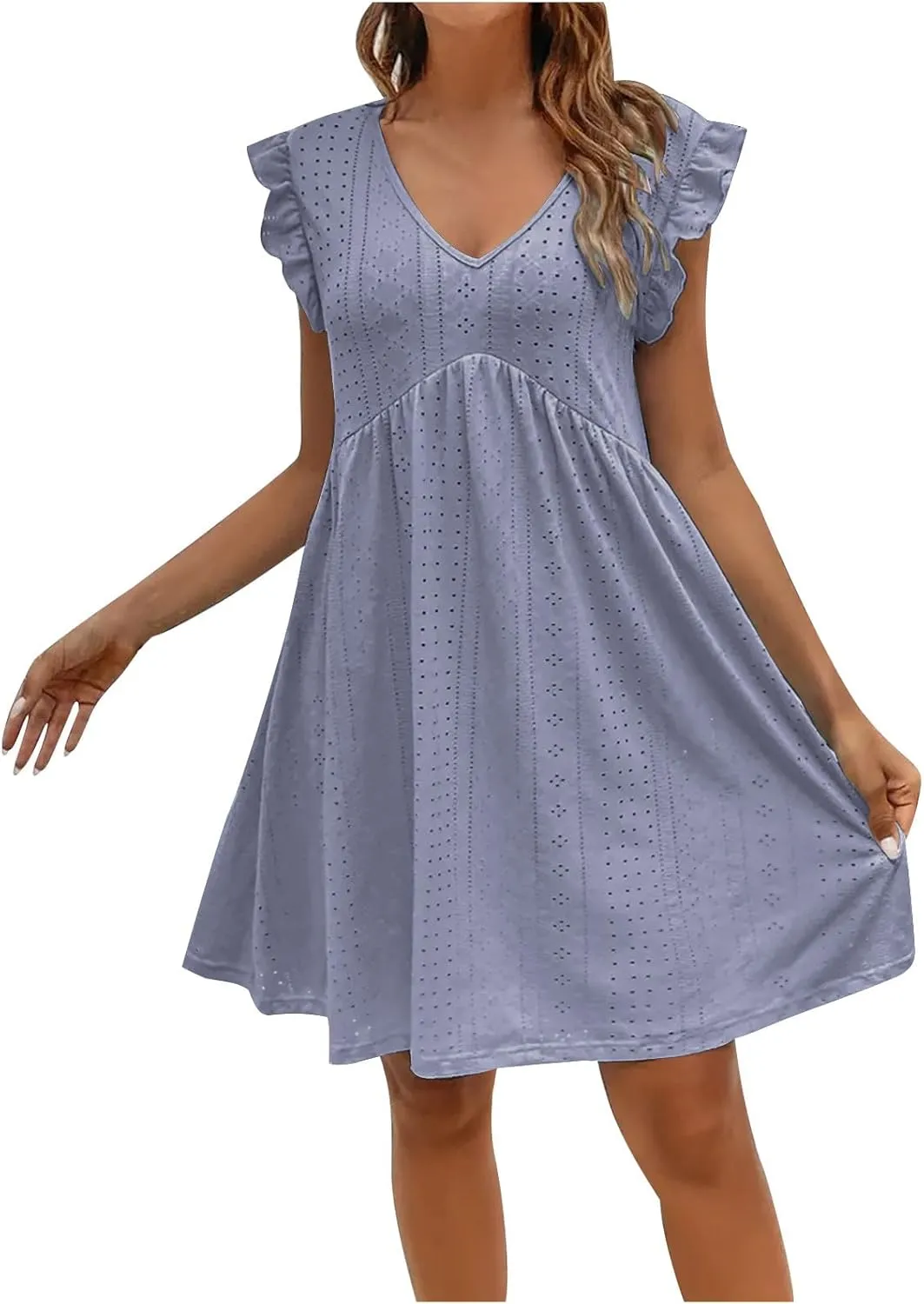Womens Sundresses for Beach Vacation Plus Ruffle Sleeve Cut-Out Embroidery Eyelet Lace Dress Mini Dress