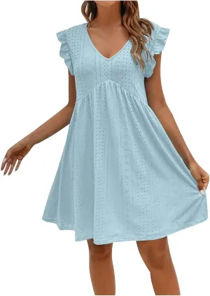 Womens Sundresses for Beach Vacation Plus Ruffle Sleeve Cut-Out Embroidery Eyelet Lace Dress Mini Dress