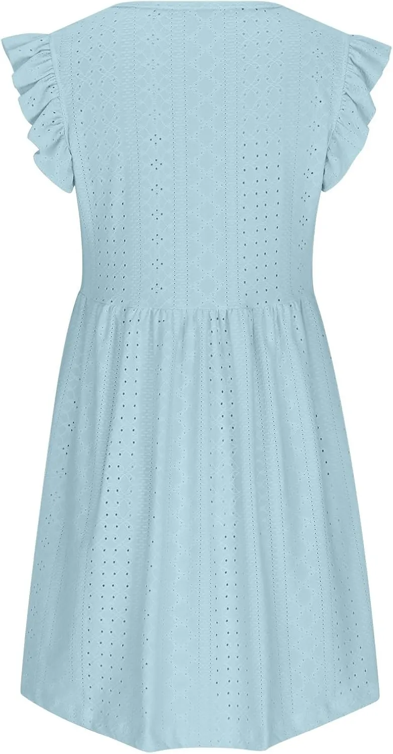 Womens Sundresses for Beach Vacation Plus Ruffle Sleeve Cut-Out Embroidery Eyelet Lace Dress Mini Dress