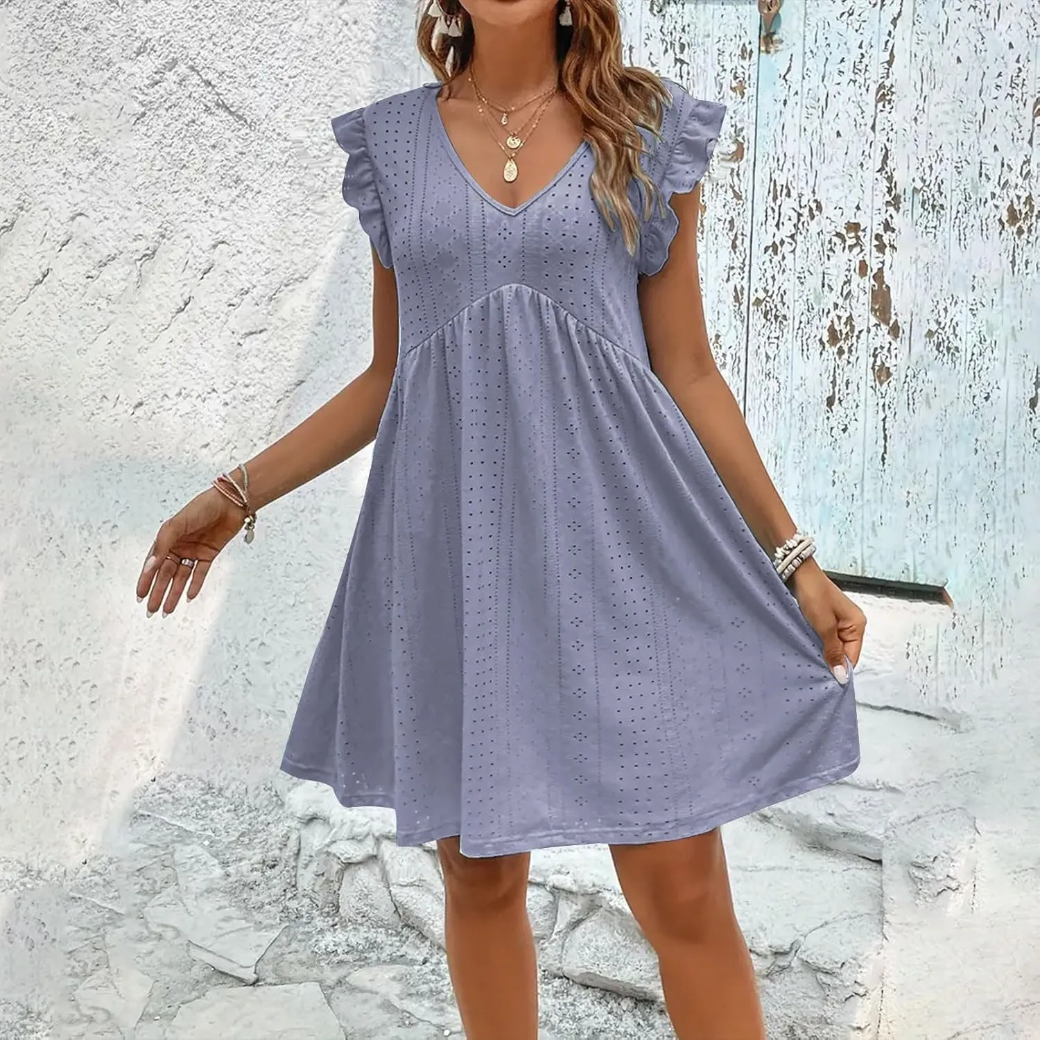 Womens Sundresses for Beach Vacation Plus Ruffle Sleeve Cut-Out Embroidery Eyelet Lace Dress Mini Dress