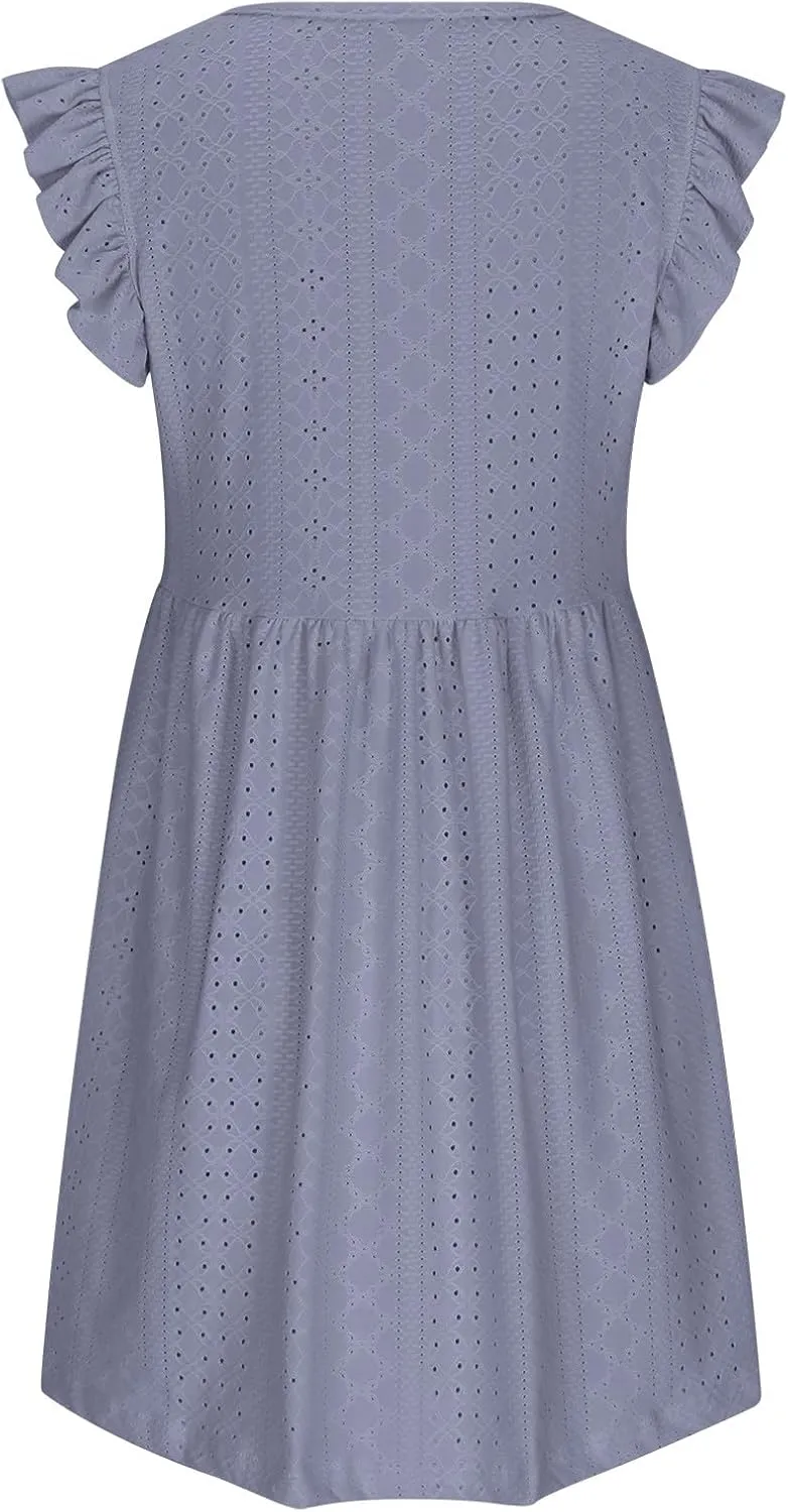 Womens Sundresses for Beach Vacation Plus Ruffle Sleeve Cut-Out Embroidery Eyelet Lace Dress Mini Dress