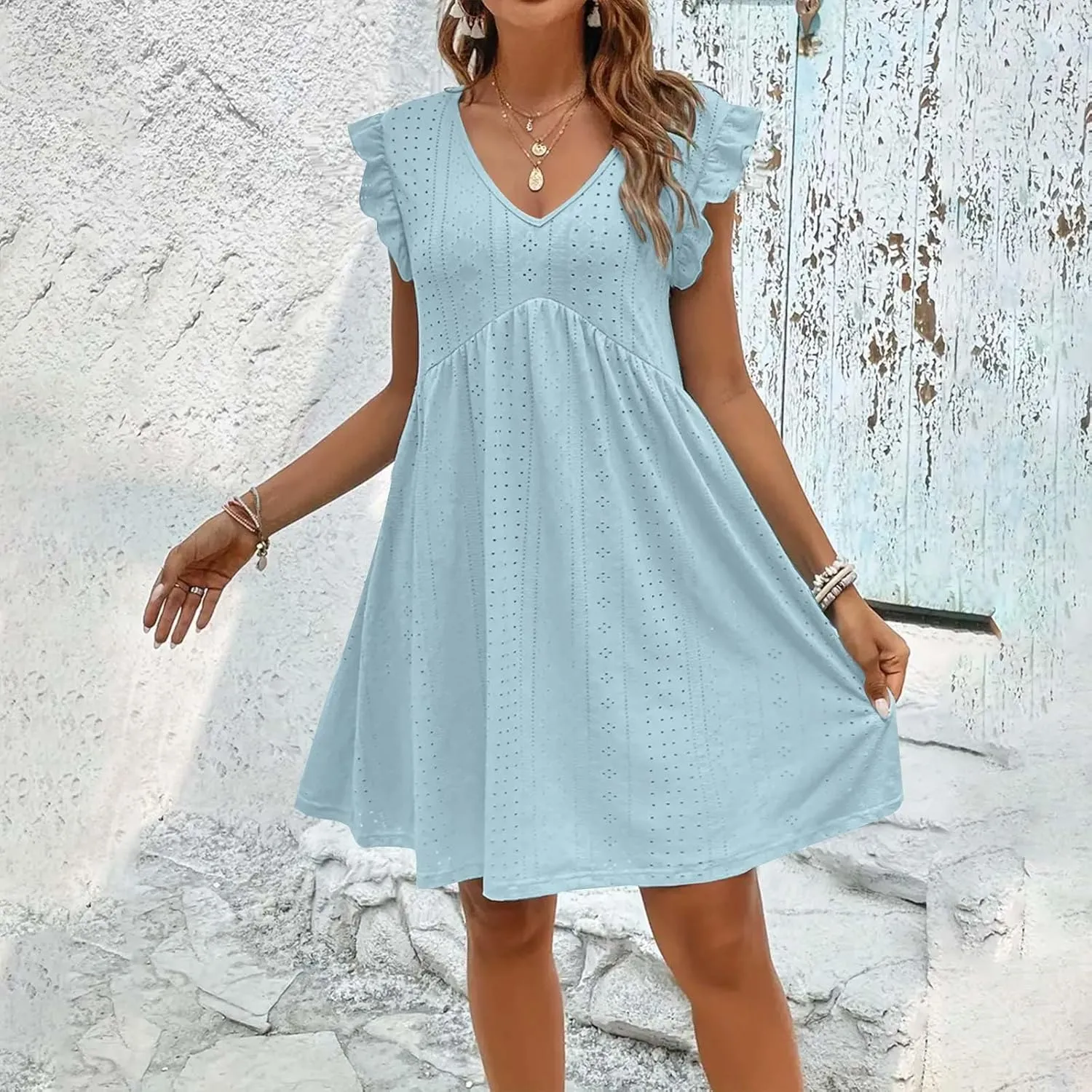 Womens Sundresses for Beach Vacation Plus Ruffle Sleeve Cut-Out Embroidery Eyelet Lace Dress Mini Dress