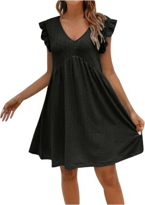 Womens Sundresses for Beach Vacation Plus Ruffle Sleeve Cut-Out Embroidery Eyelet Lace Dress Mini Dress