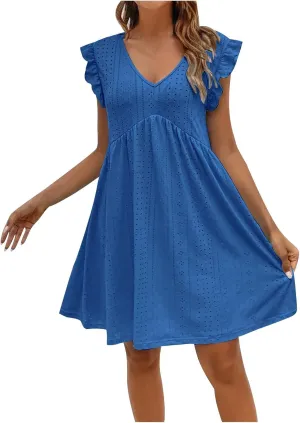Womens Sundresses for Beach Vacation Plus Ruffle Sleeve Cut-Out Embroidery Eyelet Lace Dress Mini Dress