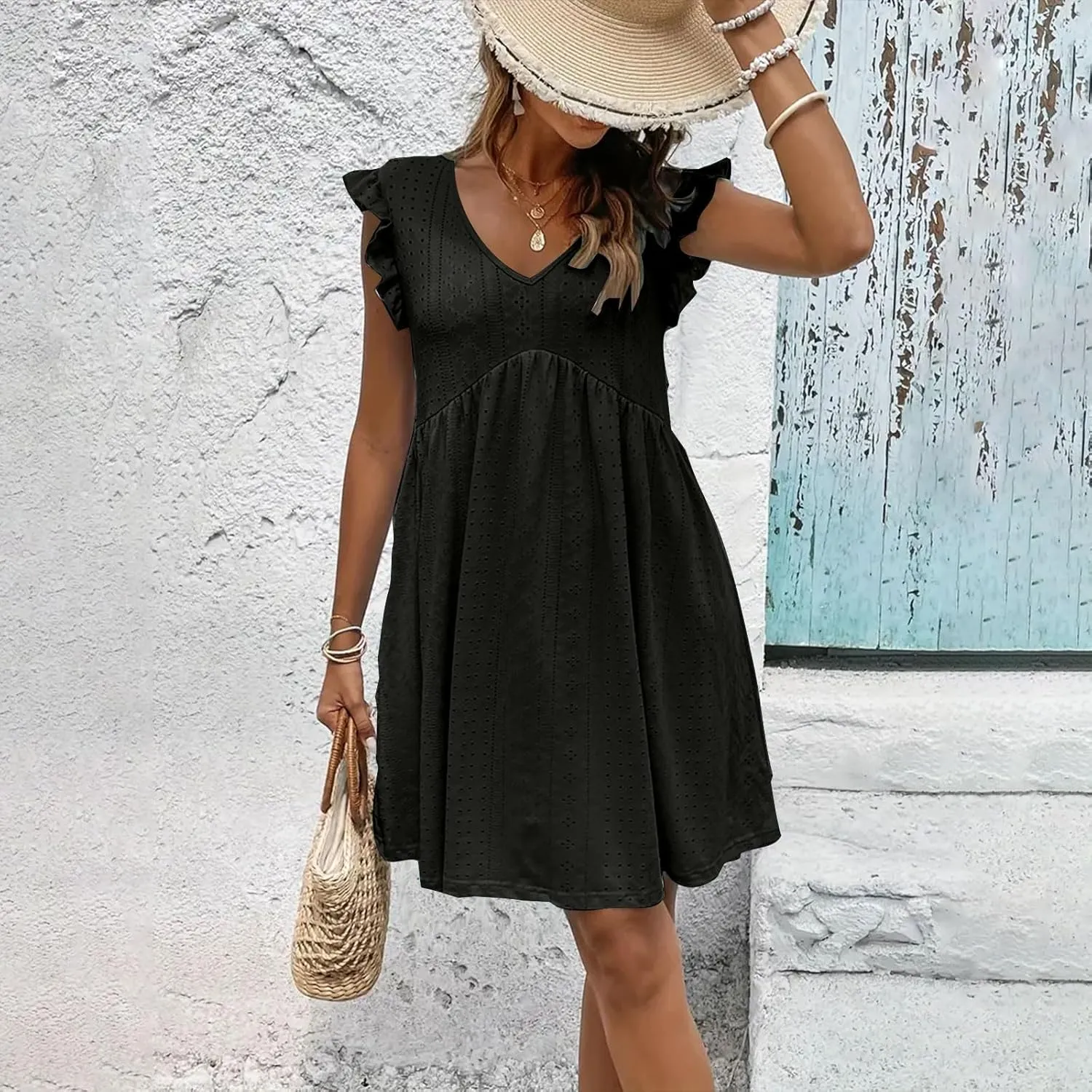 Womens Sundresses for Beach Vacation Plus Ruffle Sleeve Cut-Out Embroidery Eyelet Lace Dress Mini Dress