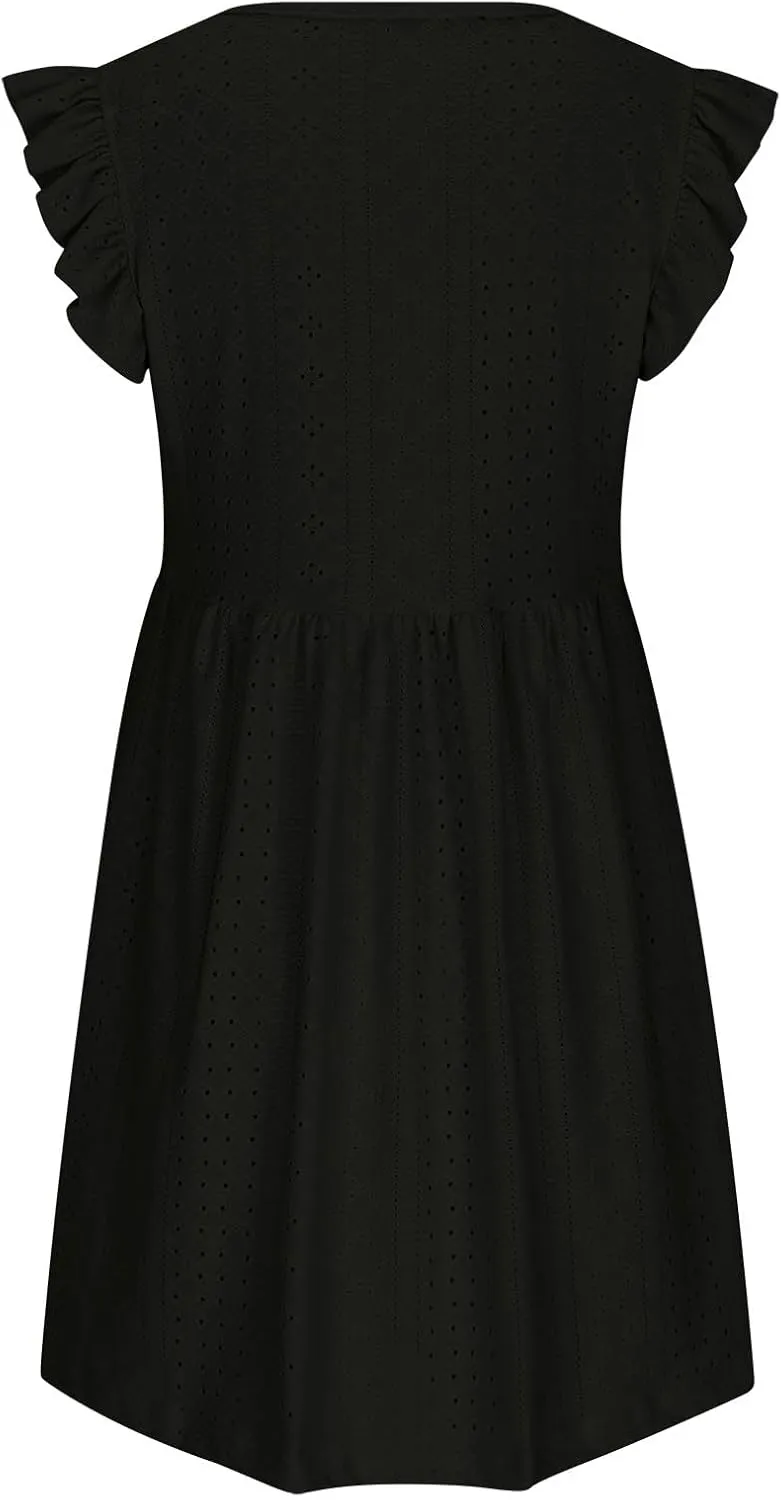 Womens Sundresses for Beach Vacation Plus Ruffle Sleeve Cut-Out Embroidery Eyelet Lace Dress Mini Dress