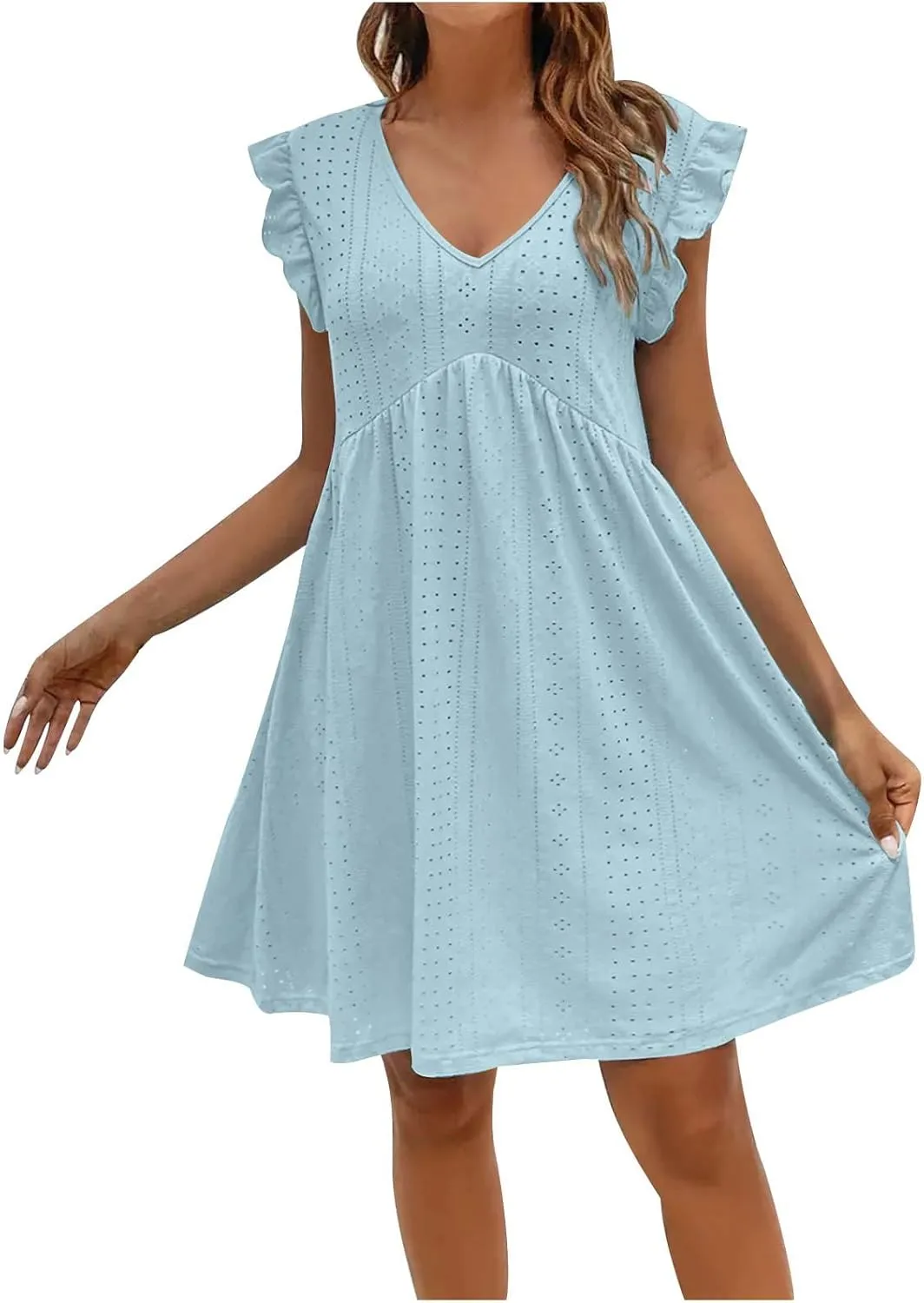 Womens Sundresses for Beach Vacation Plus Ruffle Sleeve Cut-Out Embroidery Eyelet Lace Dress Mini Dress