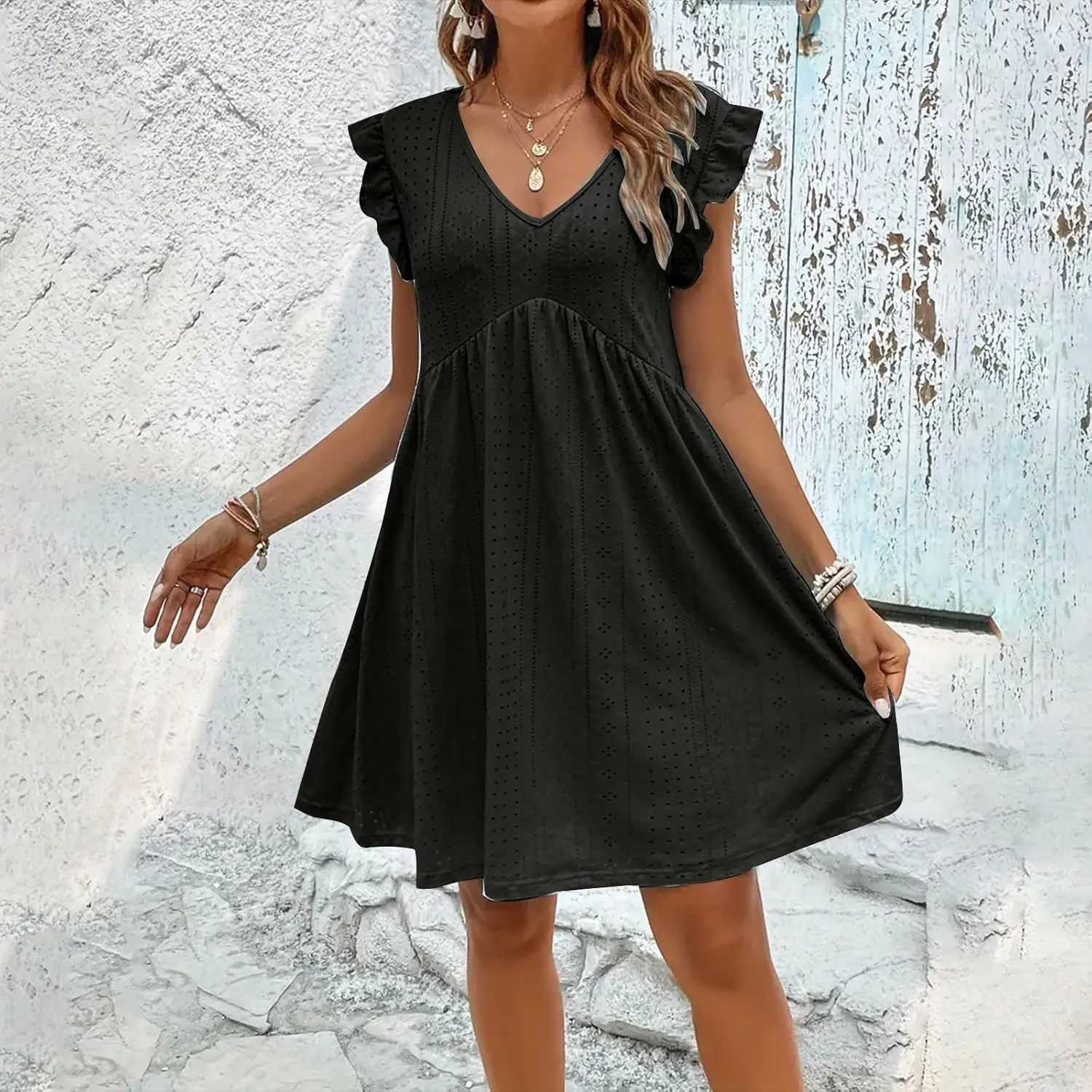 Womens Sundresses for Beach Vacation Plus Ruffle Sleeve Cut-Out Embroidery Eyelet Lace Dress Mini Dress