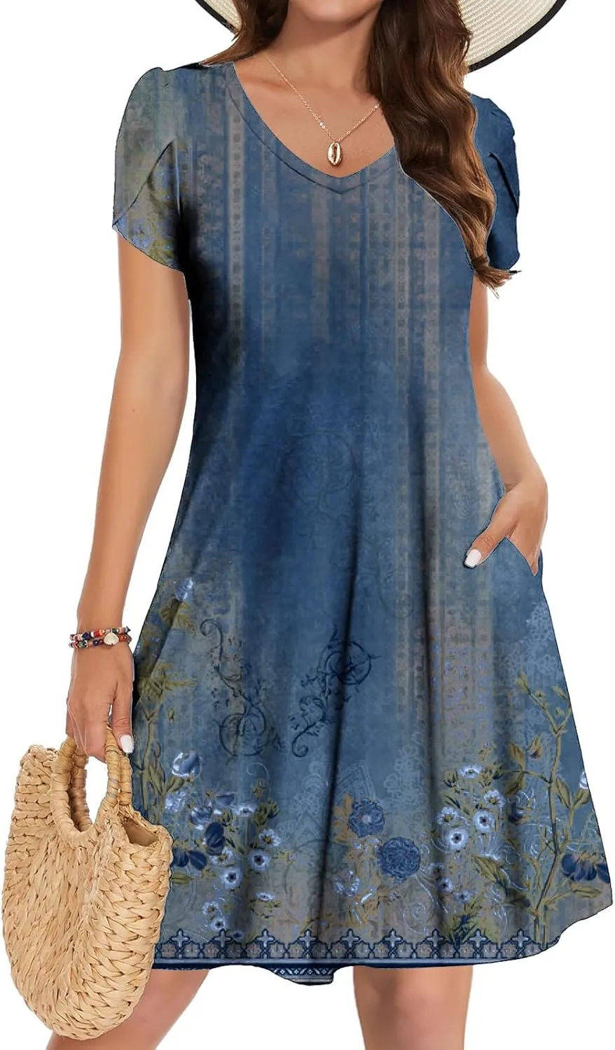 Womens Sundresses for Beach Vacation Plus Size Pleated Flowy Midi Dress Summer Casual Tshirt Mini Dress