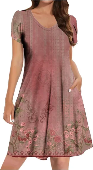 Womens Sundresses for Beach Vacation Plus Size Pleated Flowy Midi Dress Summer Casual Tshirt Mini Dress