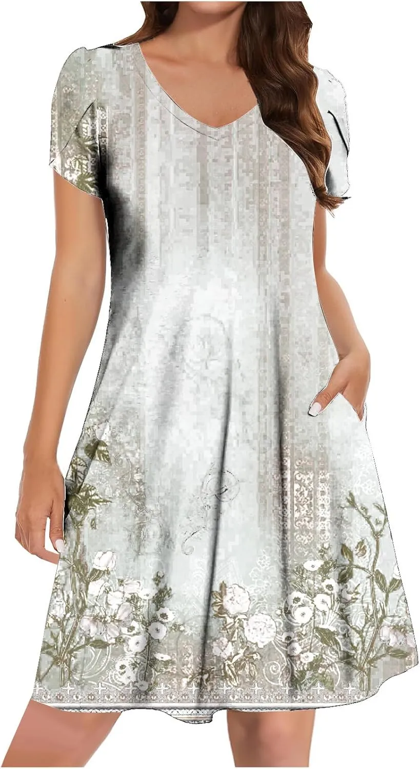 Womens Sundresses for Beach Vacation Plus Size Pleated Flowy Midi Dress Summer Casual Tshirt Mini Dress