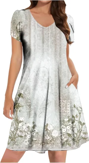 Womens Sundresses for Beach Vacation Plus Size Pleated Flowy Midi Dress Summer Casual Tshirt Mini Dress