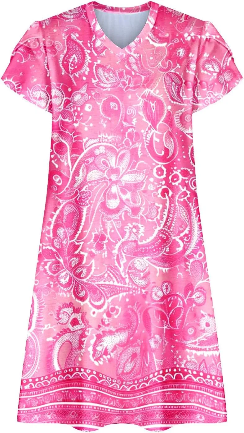 Womens Sundresses for Beach Vacation Plus Size Pleated Flowy Midi Dress Summer Casual Tshirt Mini Dress