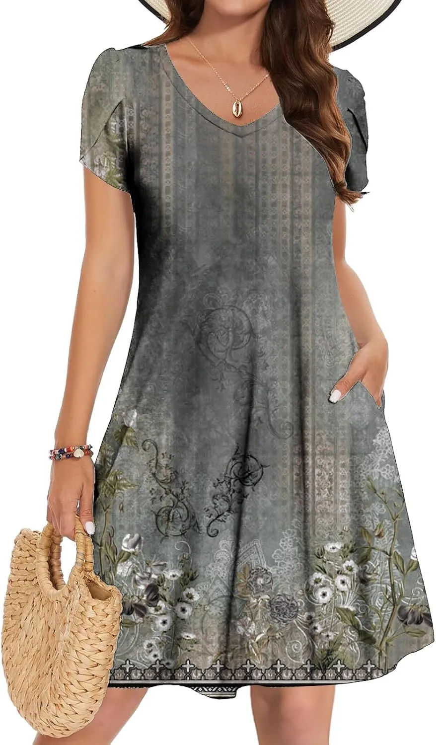 Womens Sundresses for Beach Vacation Plus Size Pleated Flowy Midi Dress Summer Casual Tshirt Mini Dress