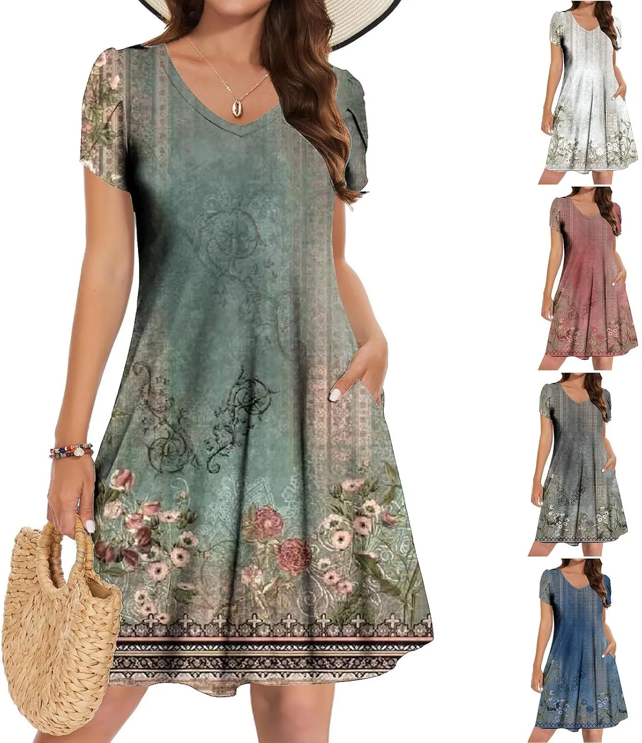 Womens Sundresses for Beach Vacation Plus Size Pleated Flowy Midi Dress Summer Casual Tshirt Mini Dress