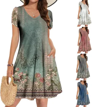 Womens Sundresses for Beach Vacation Plus Size Pleated Flowy Midi Dress Summer Casual Tshirt Mini Dress
