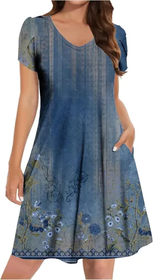 Womens Sundresses for Beach Vacation Plus Size Pleated Flowy Midi Dress Summer Casual Tshirt Mini Dress