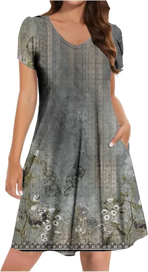 Womens Sundresses for Beach Vacation Plus Size Pleated Flowy Midi Dress Summer Casual Tshirt Mini Dress