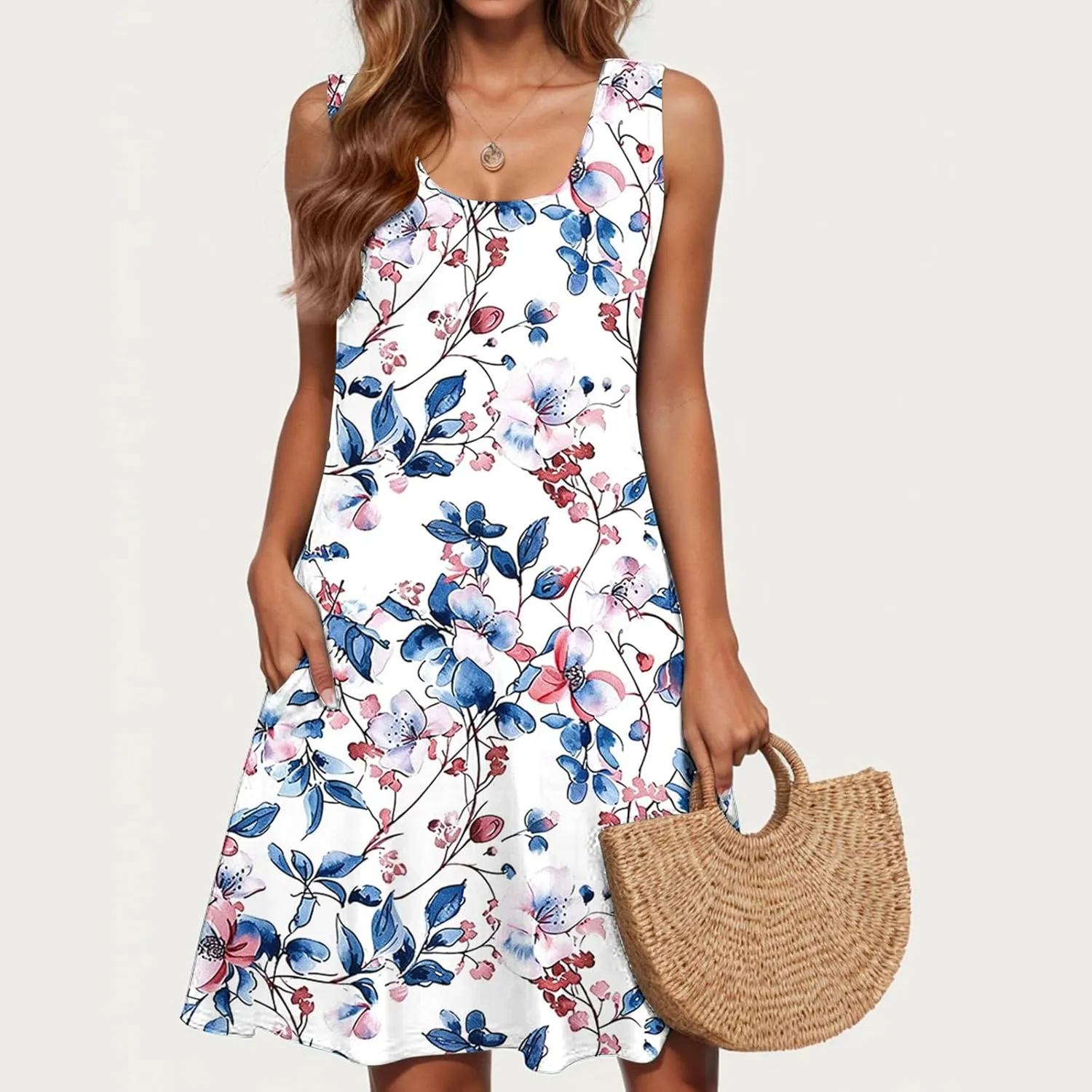 Womens Sundresses for Beach Vacation Sun Dress Sleeveless Tank Dress Boho Floral Printed Mini Dresses
