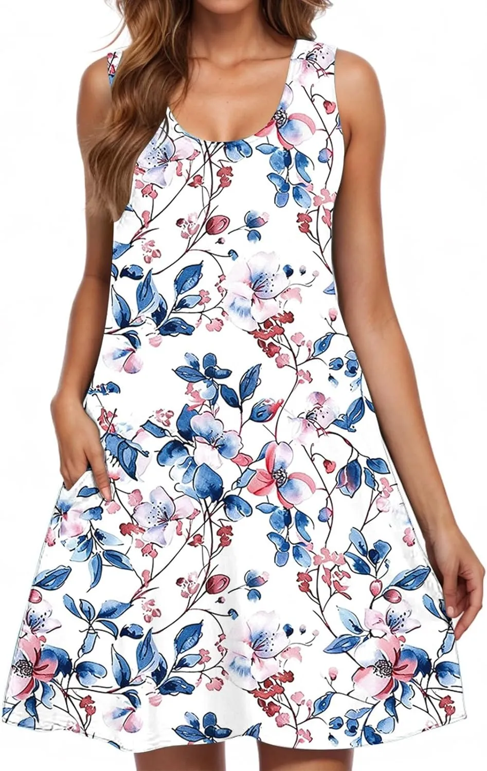 Womens Sundresses for Beach Vacation Sun Dress Sleeveless Tank Dress Boho Floral Printed Mini Dresses