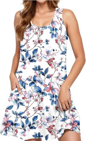 Womens Sundresses for Beach Vacation Sun Dress Sleeveless Tank Dress Boho Floral Printed Mini Dresses