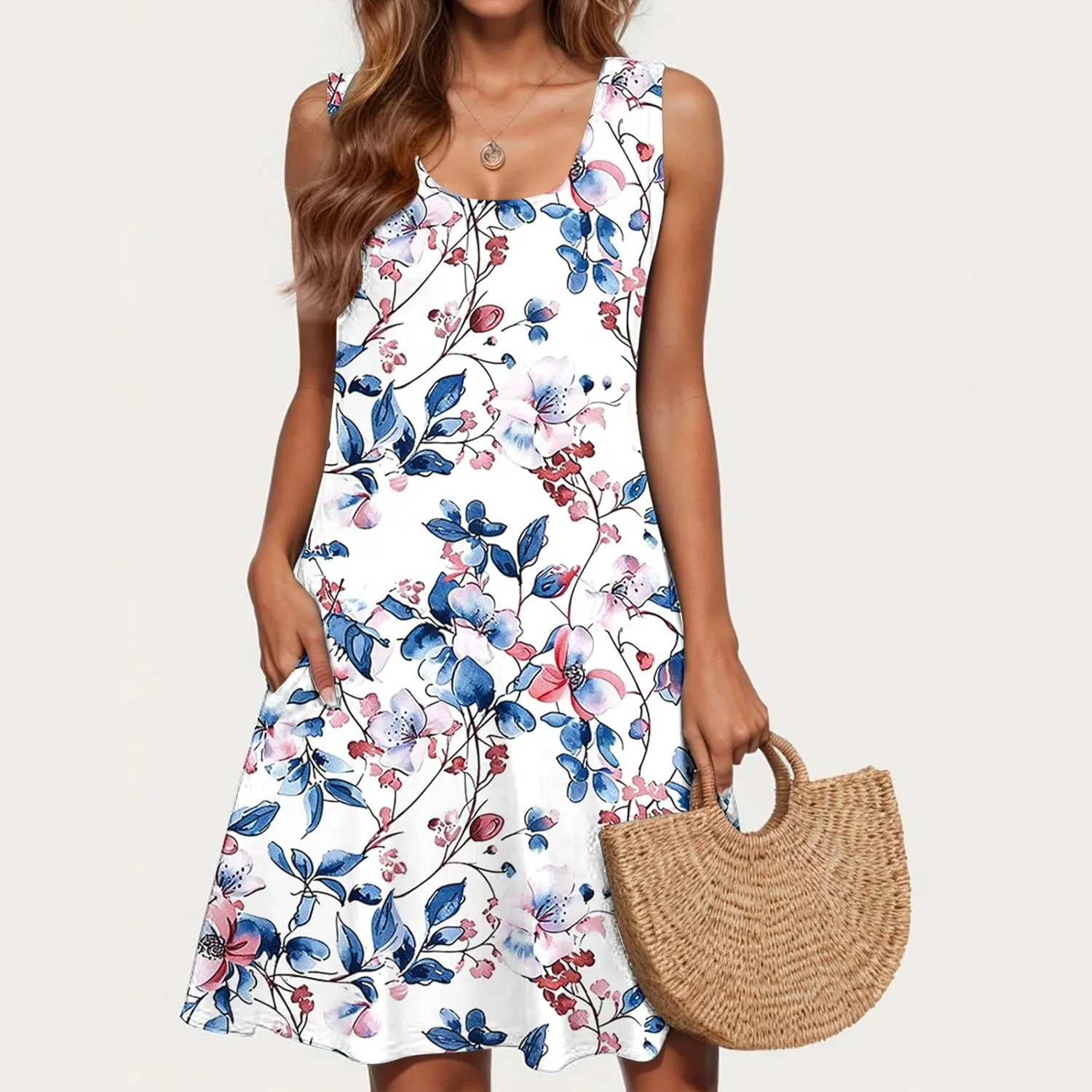 Womens Sundresses for Beach Vacation Sun Dress Sleeveless Tank Dress Boho Floral Printed Mini Dresses