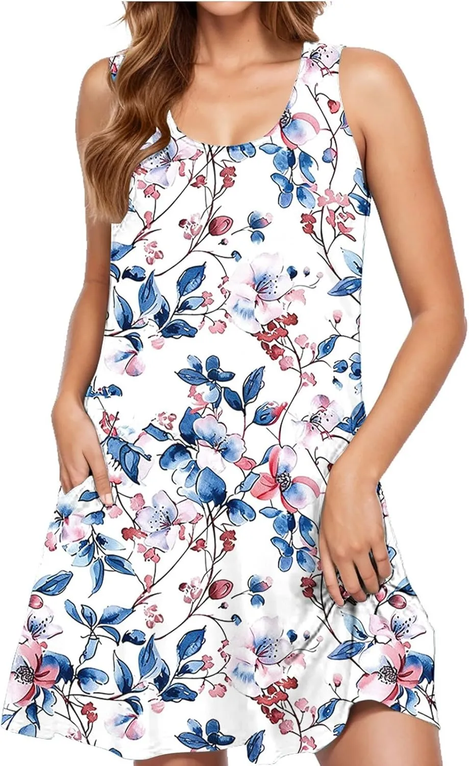 Womens Sundresses for Beach Vacation Sun Dress Sleeveless Tank Dress Boho Floral Printed Mini Dresses