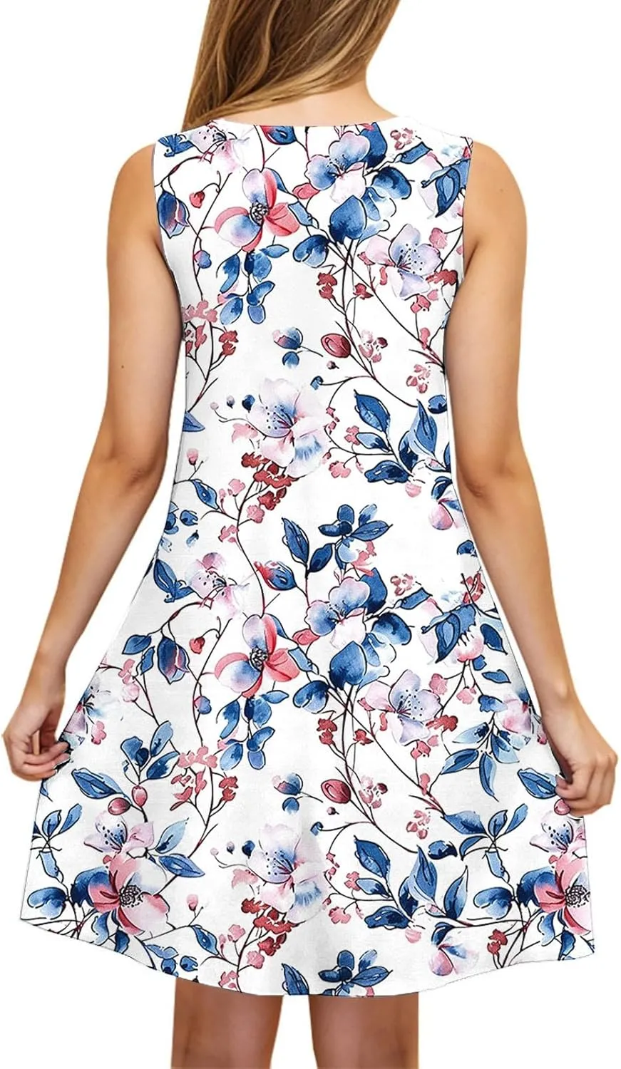 Womens Sundresses for Beach Vacation Sun Dress Sleeveless Tank Dress Boho Floral Printed Mini Dresses