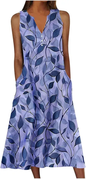 Womens Sundresses for Cruise Vacation Plus Flowy Party Beach Long Dress Sleeveless V Neck Maxi Dress with Pockets