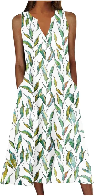 Womens Sundresses for Cruise Vacation Plus Flowy Party Beach Long Dress Sleeveless V Neck Maxi Dress with Pockets
