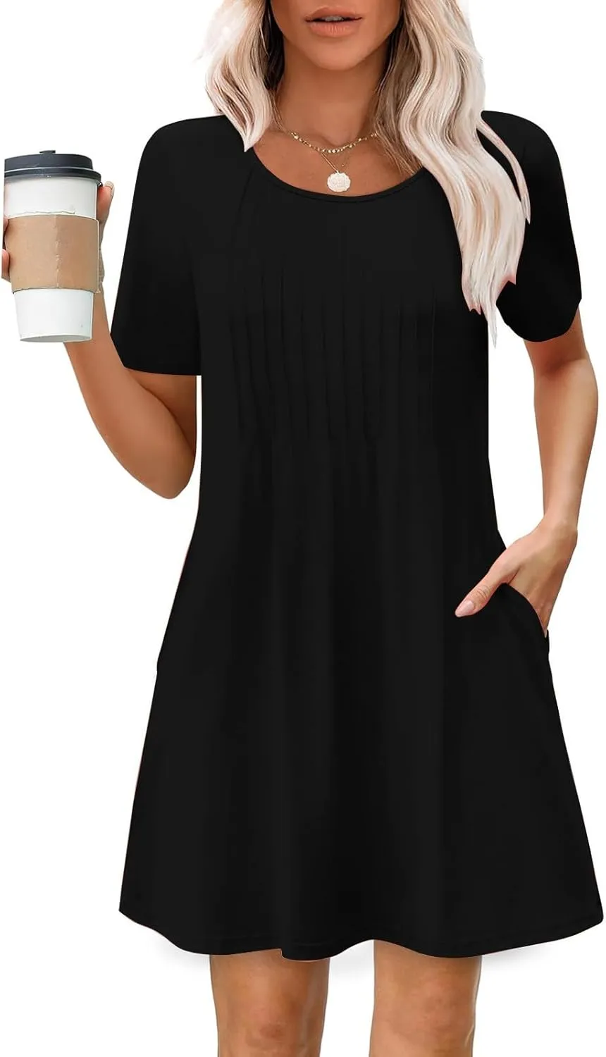 Womens Sundresses Summer Beach Vacation Tshirt Mini Dress Pleated Round Neck Shirt Dresses with Pockets