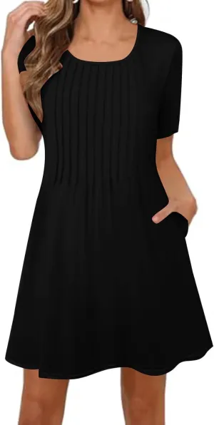 Womens Sundresses Summer Beach Vacation Tshirt Mini Dress Pleated Round Neck Shirt Dresses with Pockets
