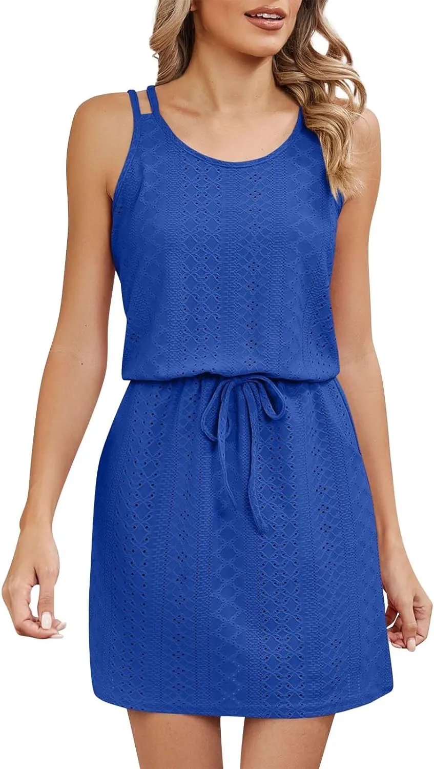 Womens Sundresses Summer Hollow Out Swimsuit Cover Up Cross Back Eyelets Beach Dress Flowy Spaghetti Strap Dress