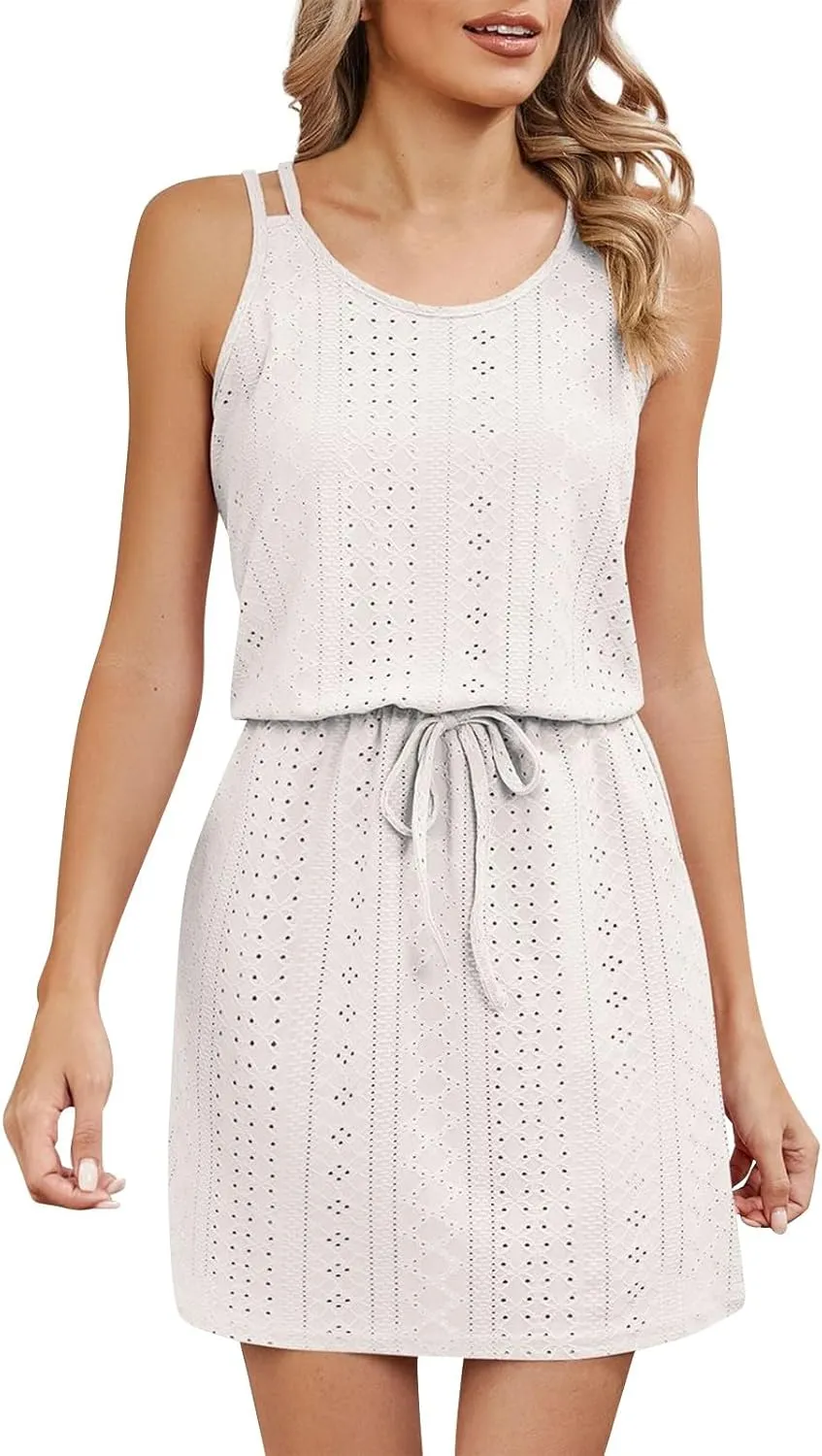 Womens Sundresses Summer Hollow Out Swimsuit Cover Up Cross Back Eyelets Beach Dress Flowy Spaghetti Strap Dress