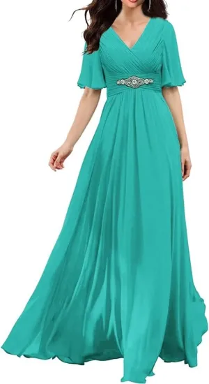 Womens V Neck Bridesmaid Dresses Long Formal Wedding Party Gown Short Flutter Sleeves