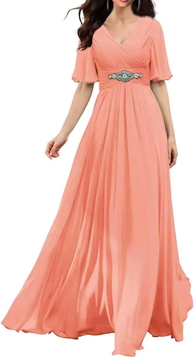 Womens V Neck Bridesmaid Dresses Long Formal Wedding Party Gown Short Flutter Sleeves