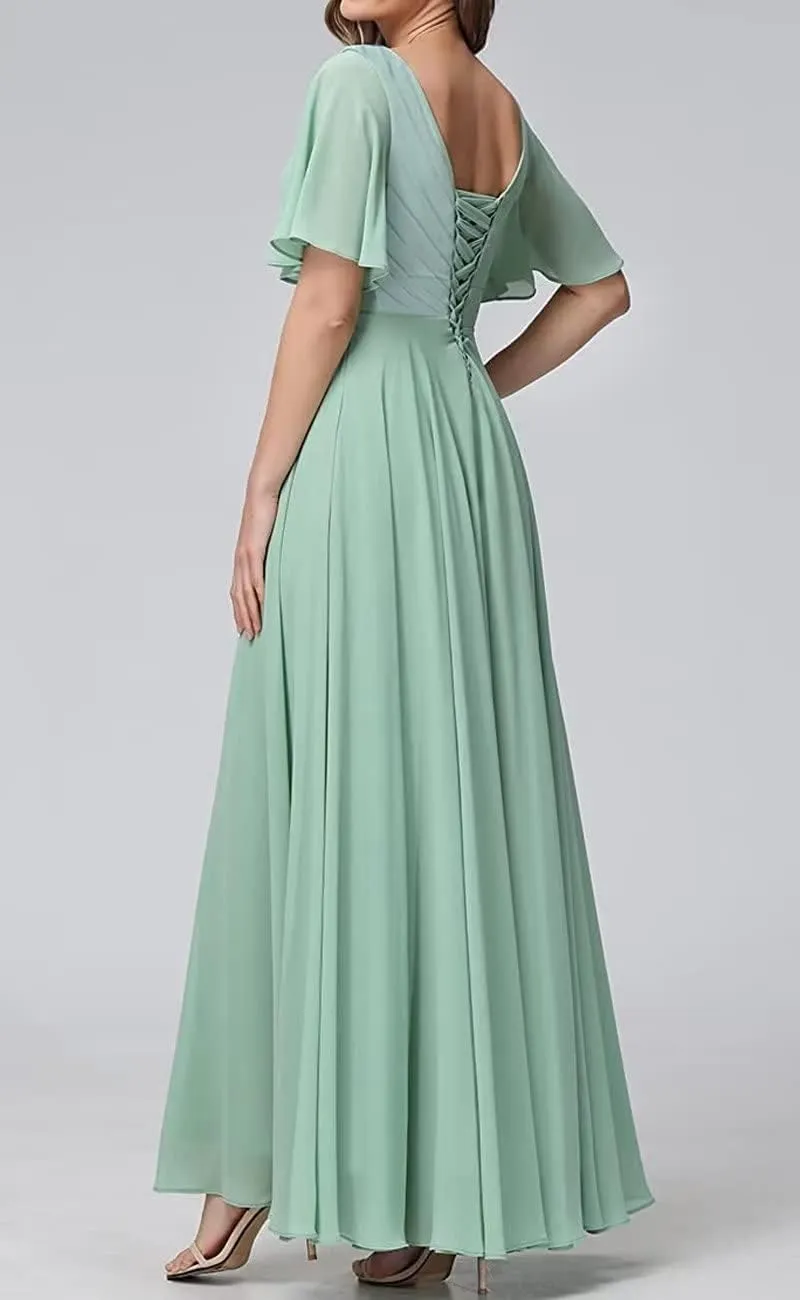 Womens V Neck Bridesmaid Dresses Long Formal Wedding Party Gown Short Flutter Sleeves