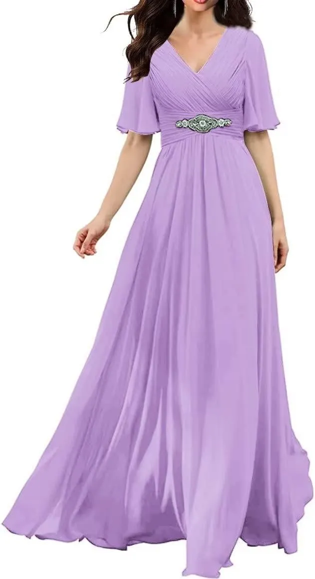 Womens V Neck Bridesmaid Dresses Long Formal Wedding Party Gown Short Flutter Sleeves