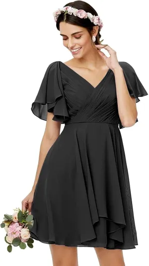 Women's V Neck Chiffon Bridesmaid Dresses Ruffle Sleeves A Line Short Corset Prom Dresses for Women NO24