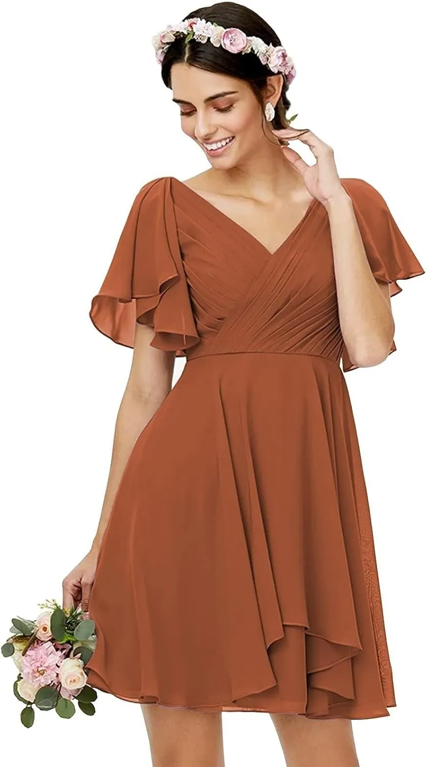 Women's V Neck Chiffon Bridesmaid Dresses Ruffle Sleeves A Line Short Corset Prom Dresses for Women NO24