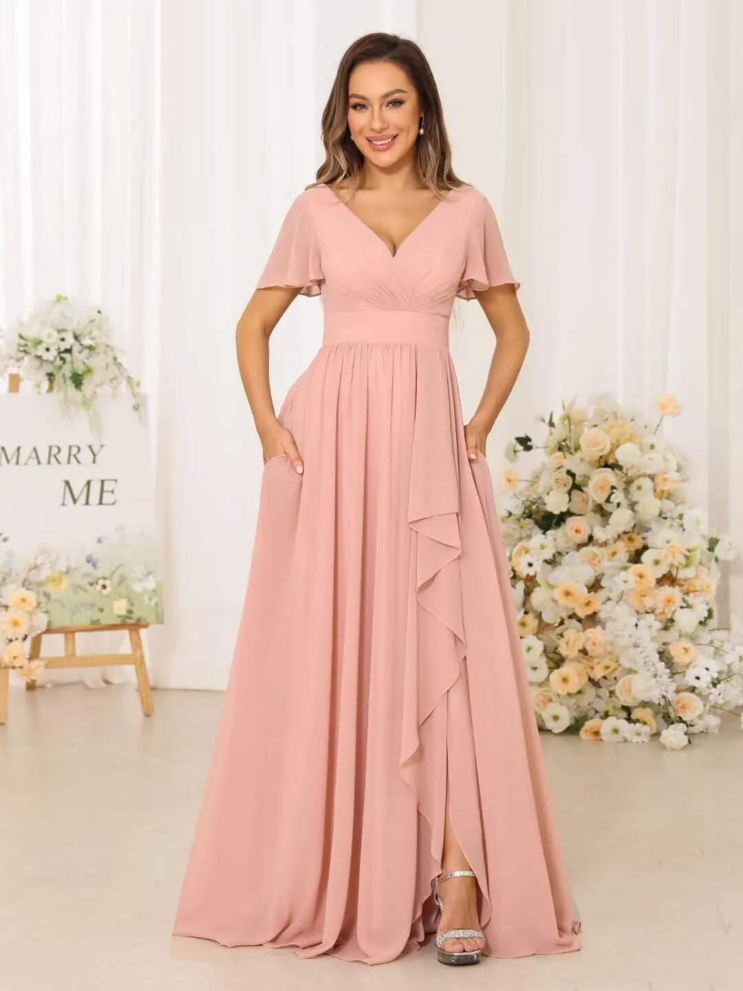 Women's V Neck Chiffon Bridesmaid Dresses with Pockets Pleated Aline Formal Evening Dresses with Slit 2025 RO008X
