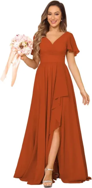 Women's V Neck Chiffon Bridesmaid Dresses with Pockets Pleated Aline Formal Evening Dresses with Slit 2025 RO008X
