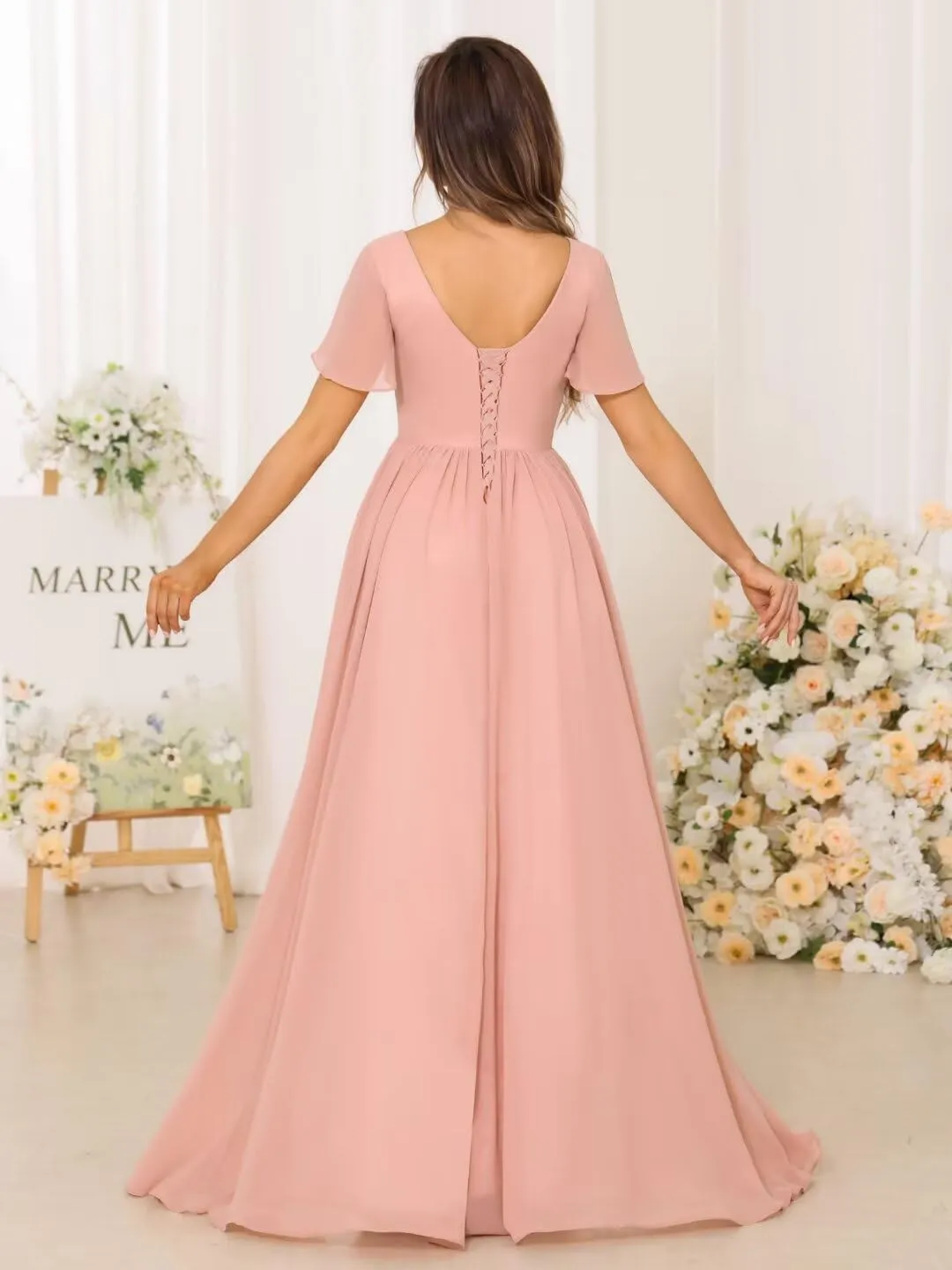 Women's V Neck Chiffon Bridesmaid Dresses with Pockets Pleated Aline Formal Evening Dresses with Slit 2025 RO008X