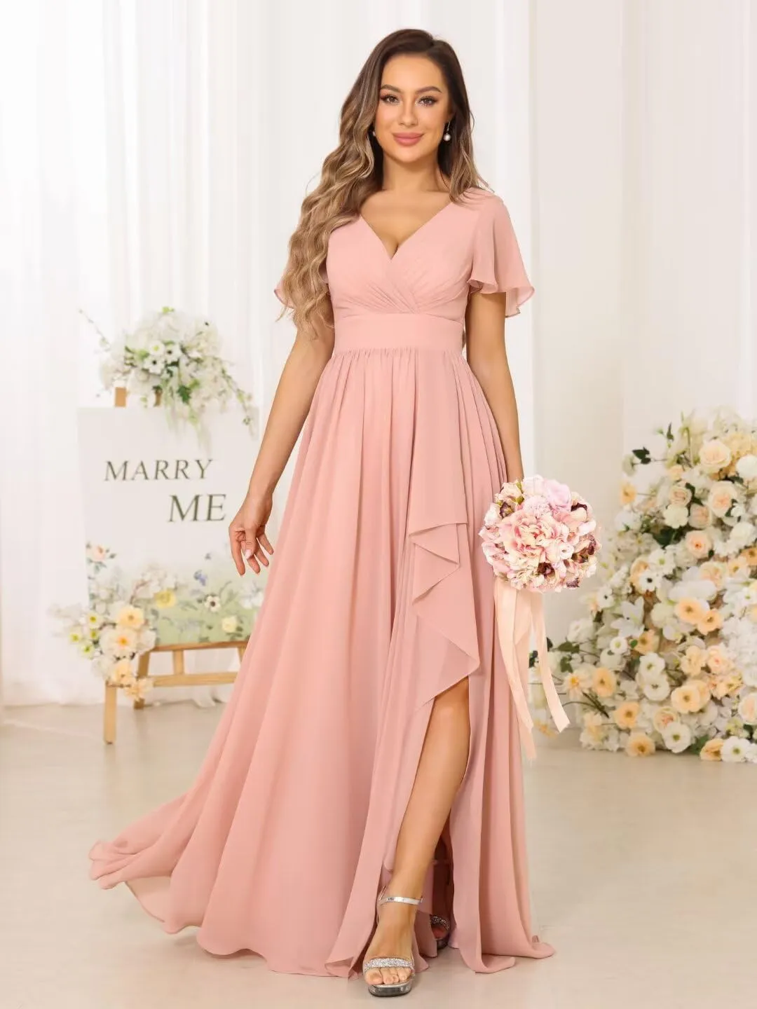 Women's V Neck Chiffon Bridesmaid Dresses with Pockets Pleated Aline Formal Evening Dresses with Slit 2025 RO008X